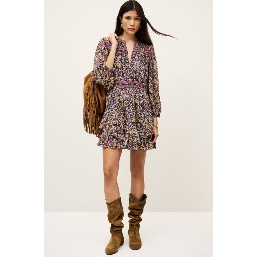 Ba&sh Designer Floral Mini Dress Boho Embroidered Trim Long Sleeve Tiered Ruffle
